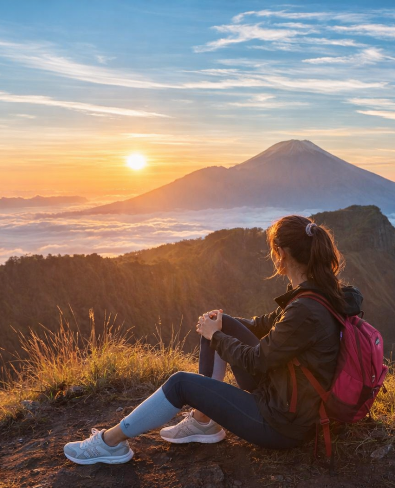 Mount Batur sunrise trekking hikers watching spectacular sunrise from volcano summit Bali